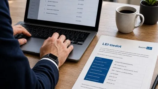 Suomi LEI -tietoasiakirja, jossa näkyy suomalaisen yrityksen LEI-tietue, mukaan lukien virallinen nimi, rekisteröity osoite, rekisteröintiviranomainen PRH ja aktiivinen tila
