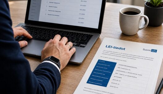 Suomi LEI -tietoasiakirja, jossa näkyy suomalaisen yrityksen LEI-tietue, mukaan lukien virallinen nimi, rekisteröity osoite, rekisteröintiviranomainen PRH ja aktiivinen tila